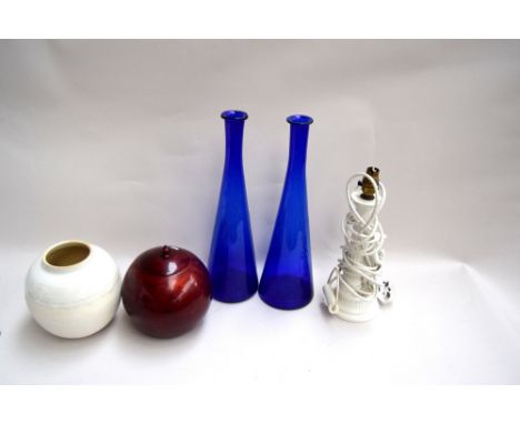 Two blue vases together with a ceramic lamp base, red trinket box and white ceramic vase