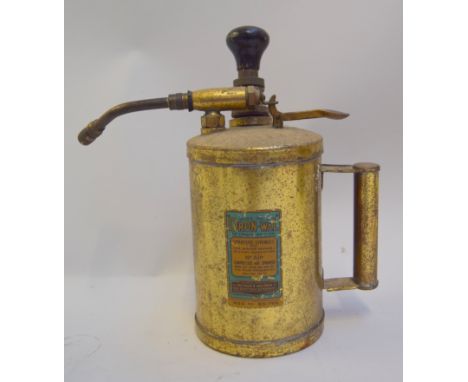 A vintage compressed air sprayer, with label reading 'Dron-wall, sprayers, syringes, and lime washing machines of every desci