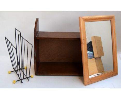 A 1960s metal magazine rack together with a mahogany hanging shelf 43cmH x 46cmW and a small pine framed bathroom mirror 50 x