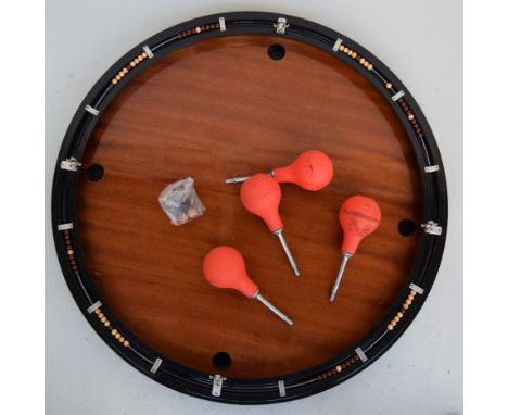 Puff billiards (Billard Nicolas) mahogany vintage wooden toy game, boxed, 75cmD with fittings including 4 puffers with nozzle