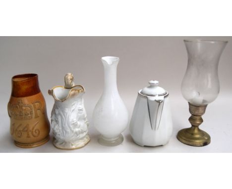 Four jugs; one white heightened in gilt, one commemorating the civil war, marked CR, 1646, and a candlestick with glass shade