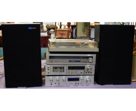 A 1960s/70s Pioneer music centre with two speakers, record deck, stereo tuner, amplifier and cassette player