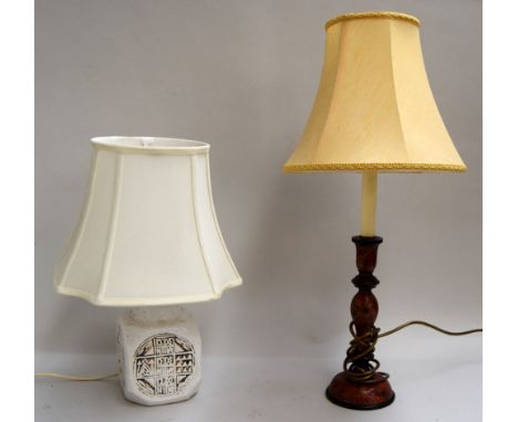 A white ceramic table lamp in the West German taste together with one other