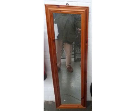 Ebonised oval wall hanging mirror 63cmW + narrow, rectangular pine mirror 110 x 37cm