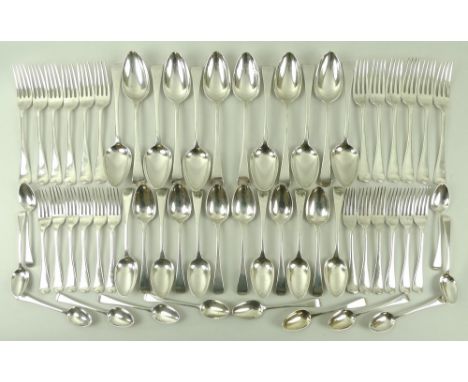 A set of George III silver flatware, in the, Old English pattern, comprising twelve table spoons, twelve table forks, twelve 