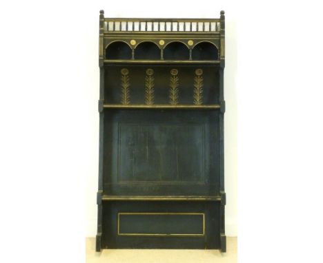 A late 19th century Aesthetic ebonised pine dresser top, with baluster galleried top rail, pilastered top shelf, with curved 