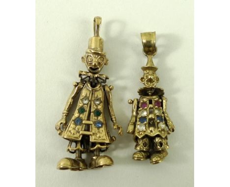 A 9ct gold pendant, in the form of an articulated clown wearing a top hat and long coat set with six gem stones, 4cm, togethe