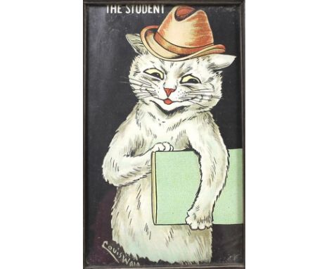 After Louis William Wain (British, 1860-1939): 'The Student', a chromo lithograph 26 by 16cm, 'It Moved', a bookplate print, 