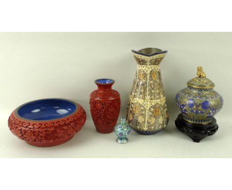 A cinnabar lacquer bowl with a blue enamel interior, 15 by 6cm, a cinnabar vase, 11cm, a cloisonne vase with a chi chi finial