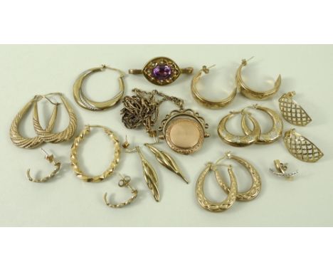 A collection of 9ct gold and costume jewellery, including a 9ct gold, amethyst and seed pearl brooch, a Victorian engraved sw