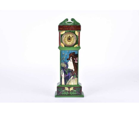 A Foley Intarsio ceramic model of a longcase clock, designed by Frederick Rhead, colour-decorated with an Art Nouveau lady in