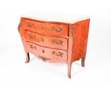 A French Louis XV Style marble-topped Kingwood and tulipwood serpentine three drawer Commode, with floral marquetry and ormol
