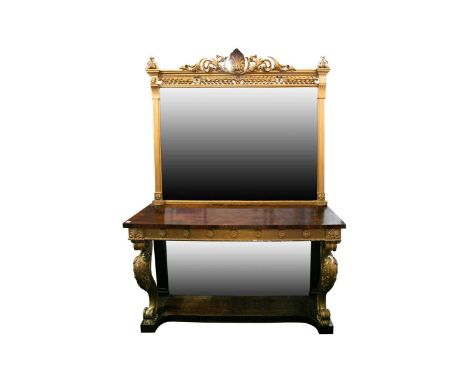 An early 19th century figured rosewood and parcel-gilt console table and mirror, the mirror with large shell cresting and pie