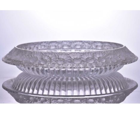 A Lalique 'Marguerites' pattern circular table centre with a frosted and moulded border, bearing engraved Lalique France mark