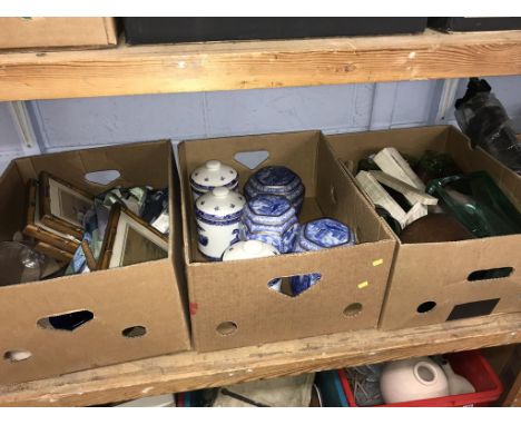 Three boxes of assorted, to include Ringtons and a mantle clock etc.