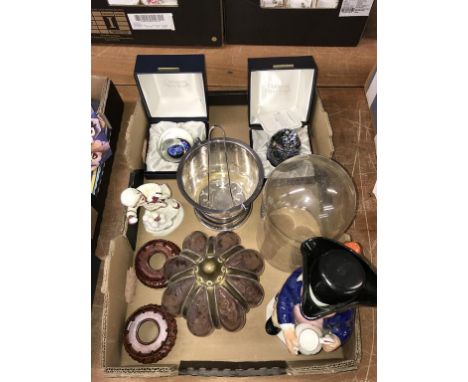 A tray of assorted, to include Royal Worcester figures, and light shade etc.