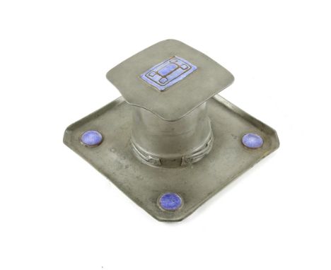 Tudric pewter inkwell with a square section pen tray, design attributed to Archibald Knox (1864-1933), the tray has four blue