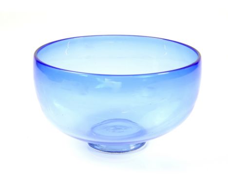 Helen Millard blue glass footed bowl, signed to base, 21cm diam. Helen Millard gained a degree in glass at West Surrey Colleg