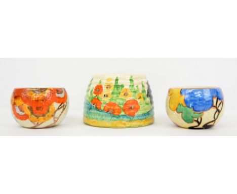 Bizarre by Clarice Cliff for Wilkinson honey pot lacking cover, painted with orange and yellow flowers, h6cm x d9.5cm, and tw