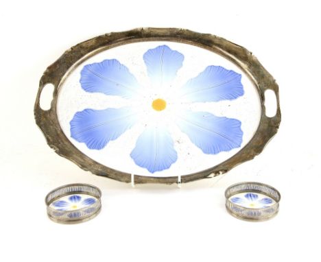 WMF ceramic tray decorated with a blue petal flower over a white ground, with metal twin handled rim, 47cm, along with two si