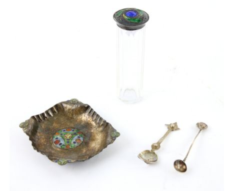 An Arts &amp; crafts silver and enamel mounted dressing table bottle, 13 cm high, with similar pin dish, unmarked, and a late