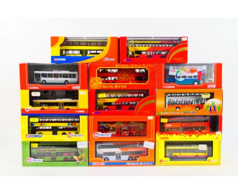 Corgi - 14 x limited edition Hong Kong bus models in 1:76 scale including Dennis Dart in City Shuttle livery # 42803, Dennis 