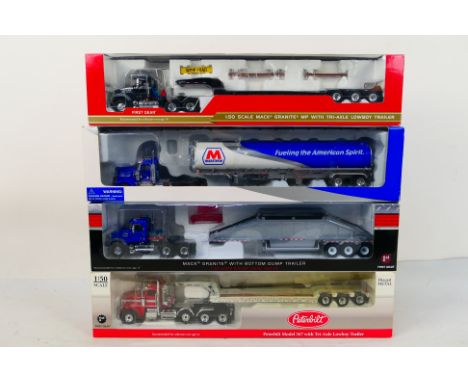 First Gear - 4 x boxed American trucks in 1:50 scale, Mack Granite MP with Tri-axle Lowboy Trailer, Peterbilt 367 with Tri-ax