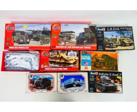 Airfix - Hasegawa - JB Models - Revell - Eight boxed 1:72 and 1:76 scale plastic military vehicle model kits. Lot includes JB