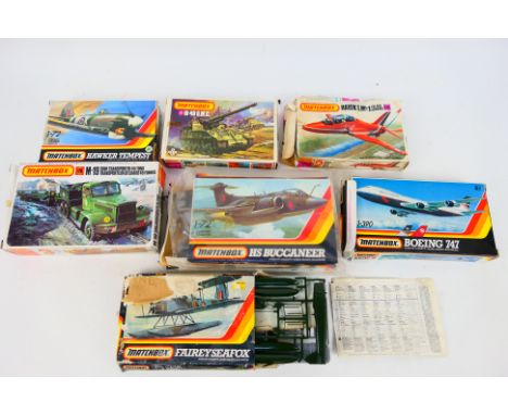 Matchbox - Six boxed 1:72 scale plastic aircraft and military vehicle model kits from Matchbox. Lot includes Matchbox 1-390 B