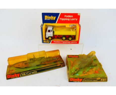 Dinky Toys - Three boxed Dinky Toys which includes #671 Mk.I Corvette; #731 SEPECAT Jaguar; plus #432 Foden Tipping Lorry. Mo