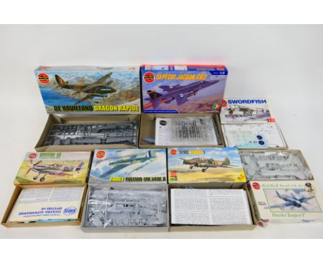 Airfix - A collection of seven boxed Airfix 1:72 scale plastic military aircraft model kits from different eras. Lot includes