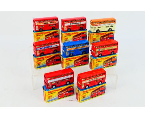 Matchbox - 8 x boxed The Londoner bus variations and code 3 models # 17. Matchbox 53-78 in blue and in red, Aviemore Centre i