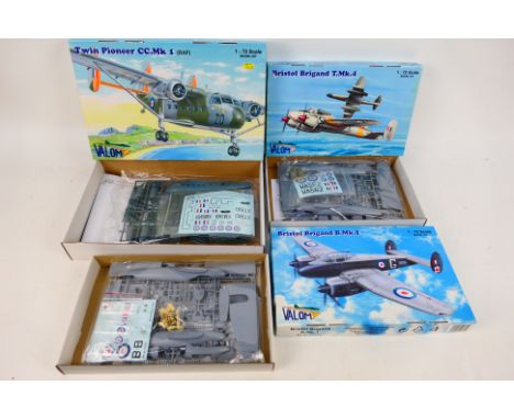 Valom - Three boxed 1:72 scale plastic military aircraft model kits from Valom. Lot consists of Valom #72063 Bristol Brigand 