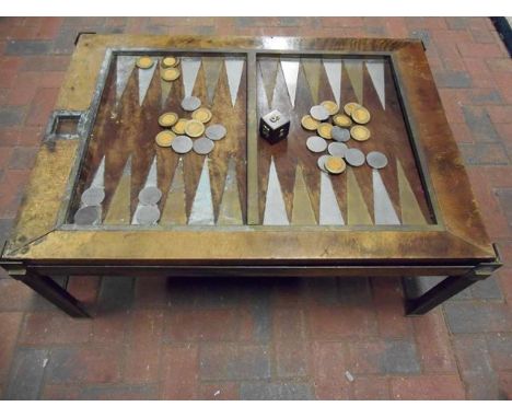 Tomasso Barbi - brass, steel and hardwood veneer backgammon table, top with two recess playing surfaces and counter well, Tom