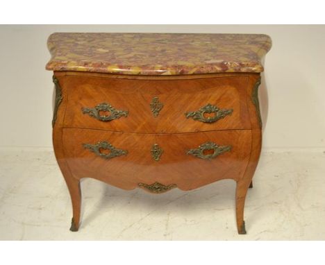 A 20th century continental serpentine fronted commode chest with brass mounts and handles, marble top - H80cm, W100cm, D50cm