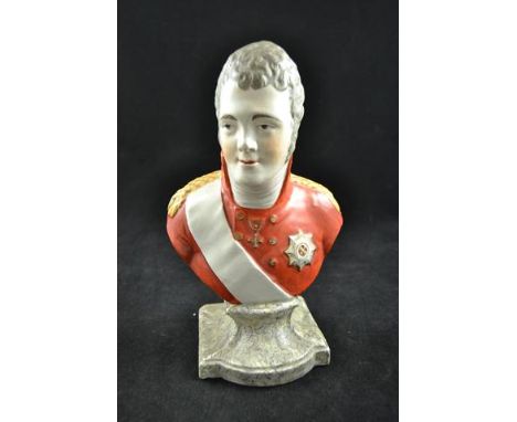 A pearlware style bust of Alexander with red coat and sash, impressed Alexander to rear of bust - H26cmCONDITION REPORTgood c