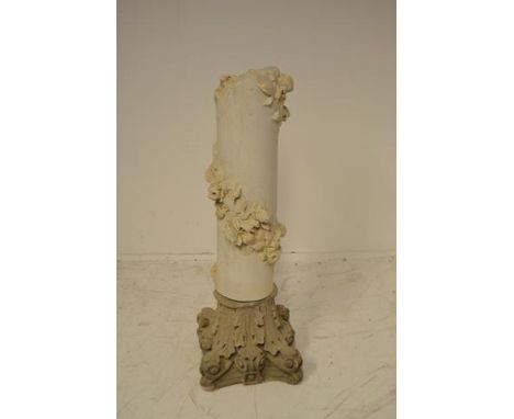 A carved white marble pillar section decorated with carved roses, supported on a carved stone capital - H100cmCONDITION REPOR