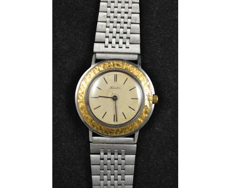 A gent's Hamilton stainless steel cased wristwatch with gilt 'bark' effect bezel, baton numerals, reverse marked "Water Prote