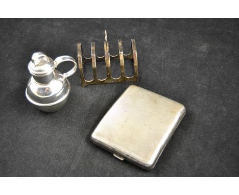 A silver toast rack, Viners Ltd, Sheffield 1933, engine turned cigarette case, T.W Lack, London 1932, together with a Guernse