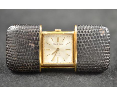 A vintage Mappin purse/travel clock, 17 Jewels Incabloc movement, champagne dial with baton numerals, marked to base "US Pat 