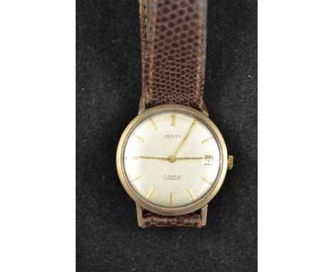 A gentleman's yellow metal (tests as 9ct gold)  cased Verity 17 Jewels Incabloc wristwatch, champagne dial with baton numeral