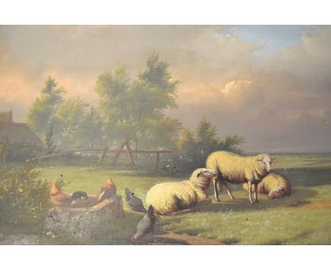Jef Louis Van Leemputten - sheep and chickens - 31x47cm oil on board, signed bottom left and dated 1868, in gilt frameCONDITI