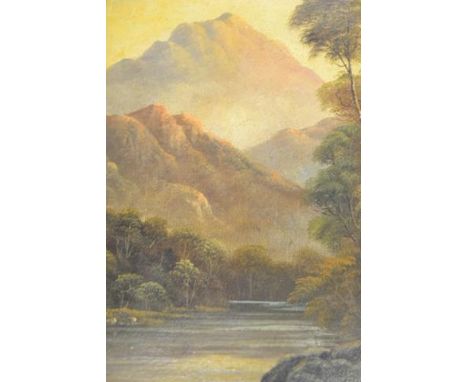 Alfred Fontville de Breanski Jnr (1877-1945?) - a pair of river and mountain landscapes - 44x24cm, oils on board, signed, fra