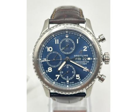 Breitling Navi timer 8 A13314 Gentlemen's Automatic Watch With Brown Leather Strap, Blue Circular Dial &amp; Rotating Bezel. 