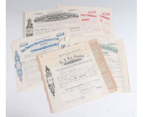 A quantity of early 20th century share certificates, the majority relating to William Thomas Timpson of the Timpson store cha
