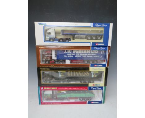 FOUR BOXED CORGI 1:50 SCALE ARTICULATED LORRIES AND TRAILERS, to include Guinness Scania 76403, Brian Harris ERF CC11901, Vau
