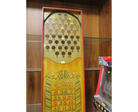 WINNING NUMBERS, A MID 20TH CENTURY PAINTED WOOD FAIRGROUND BAGATELLE TYPE GAME BOARD, painted surfaces with cut out score ho