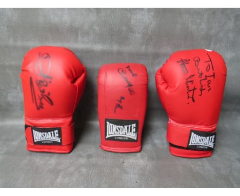 THREE SIGNED BOXING GLOVES, to include Alan Minter, Dave Boy Green and Dave Courtney / Roy Shaw 