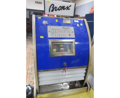 A VINTAGE BRONX THREE REEL ONE PENNY, ONE ARM BANDIT, blue front plate and light up sign above, H 75.5 cm, W 45 cm, D 37 cm 