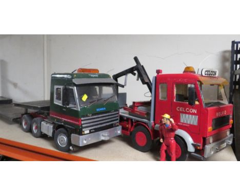 A LARGE SCALE MECCANO FIRE ENGINE, and two larger scale scratch built wood and metal articulated lorries and trailers, one wi